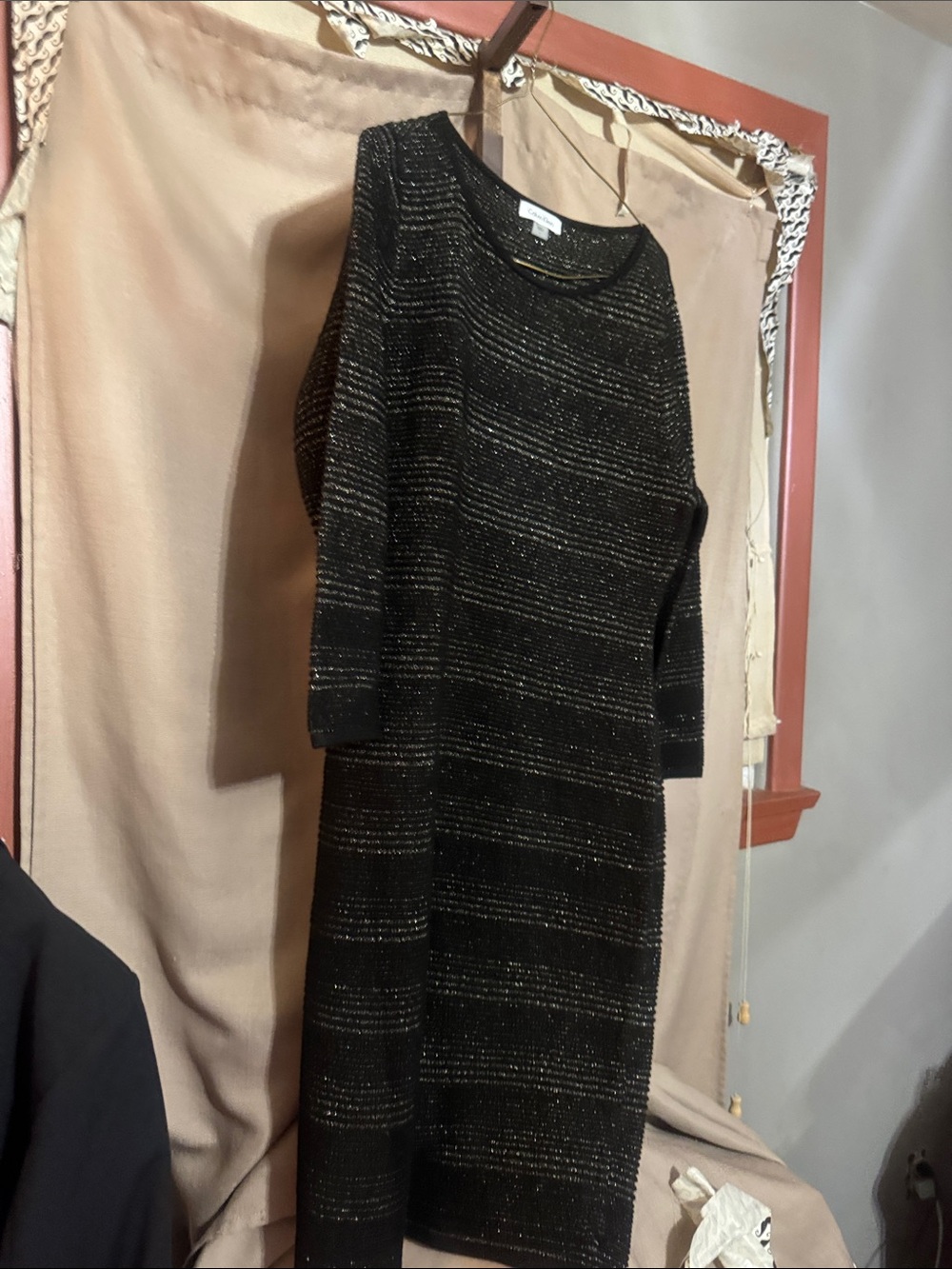 Calvin Klein Black Metallic Stripe Knit Dress - 3/4 Sleeve-S-23-2